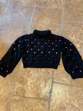 FARM Rio Women Rainbow Dots Pom-Pom Wool Blend Black Cropped Sweater Size Small